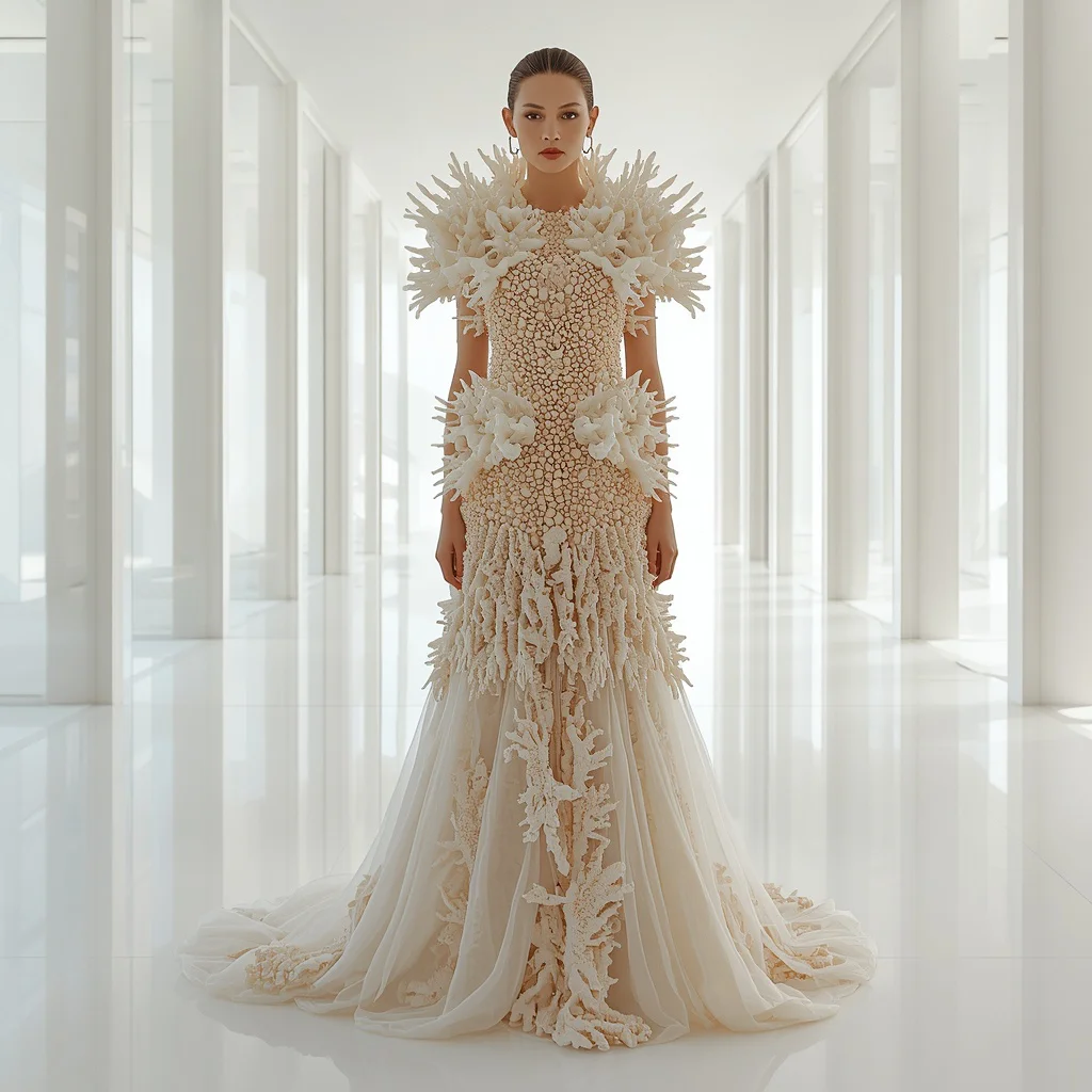 Bio-Organic 3D Resin-Coral Couture Gown in Airy Modernist Pavilion | Instagram Trending Prompt — AI image prompt