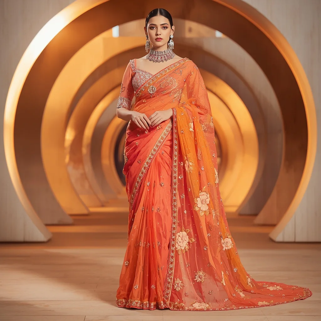 Coral Sunset Crystal Majesty Saree with Solar Wave Pavilion | new instagram trend prompt for girl — AI image prompt
