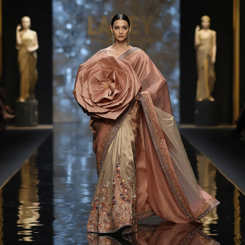 Luxury Festival Saree with Oversized Couture Rosette Waist and Dramatic Editorial Walk | cute prompt for girls in saree for instagram — AI image prompt