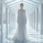 Sub-Zero Frozen Silk & Chrome Drip Gown in Sunlit Airy Pavilion | prompt generator from image